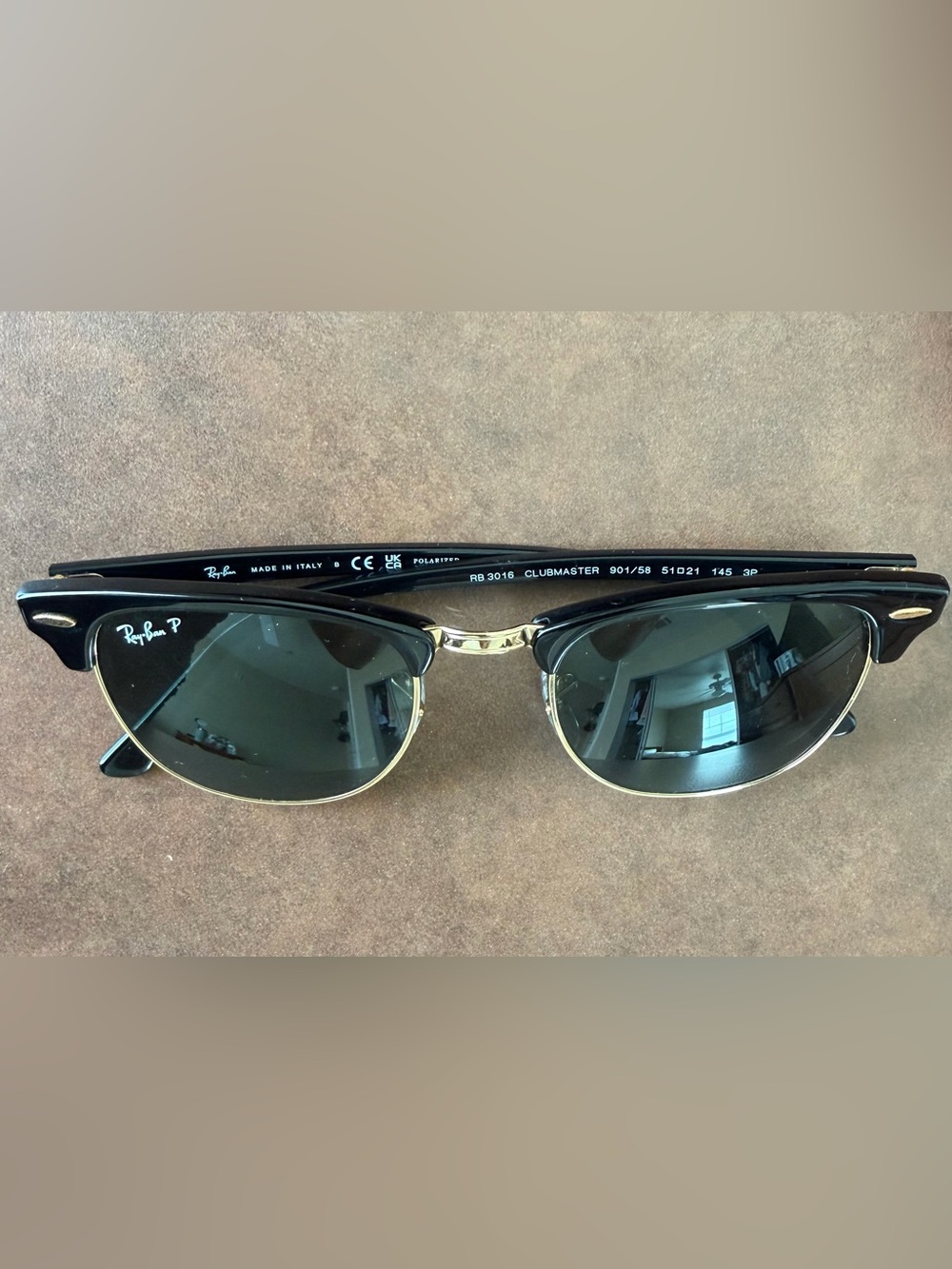 Ray-Ban Black and Gold Clubmaster Sunglasses with Case and Cloth